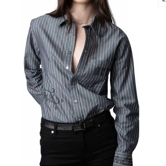 Zadig and Voltaire Taskiz Manifesto Striped Embellished Cotton Button Shirt Sz S - Picture 7 of 12